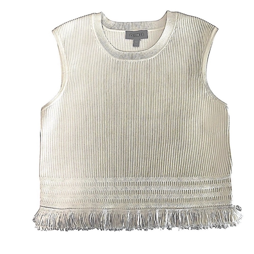 Express Fringe Hem Cropped Tank Top Rib Knit Cream Size S - Picture 2 of 8